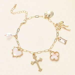 Pearl Heart Cross Quatrefoil Bow Charm Station Bracelet